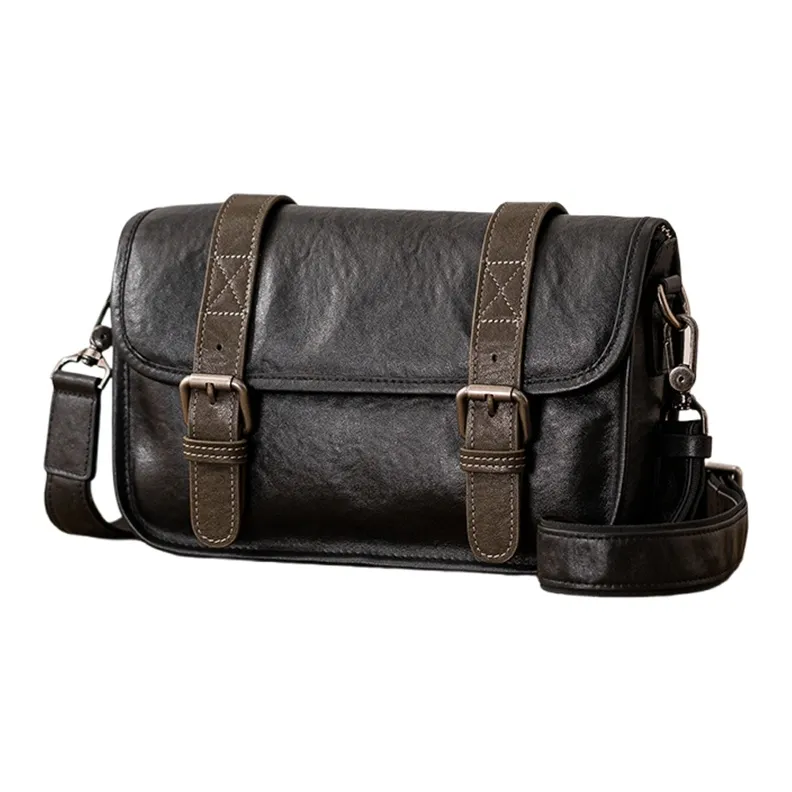 Back Step Vegetable Tanned Top Grain Cow Leather Crossbody Bag, Shoulder Bag Regular Men's Black-1