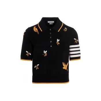 THOM BROWNE 4 Bar Birds Bee Intarsia Knitted Polo Shirt