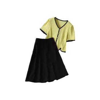 YUNFEIXIU Casual Suit Loose Fit Elegance V Neck Shirt Skirt Two Piece Set For Plus Size Slimming Summer Women's