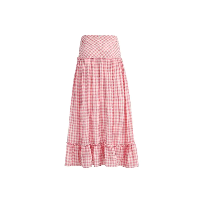 GOSO Casual Long Skirts Women's Pink Plaid-1