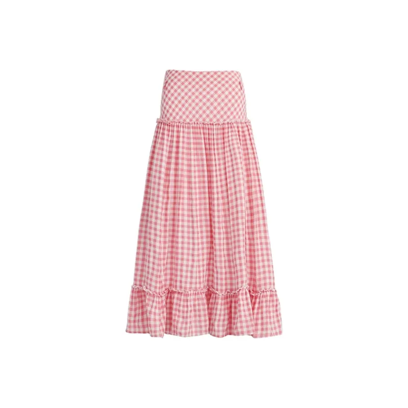 GOSO Casual Long Skirts Women's Pink Plaid-0