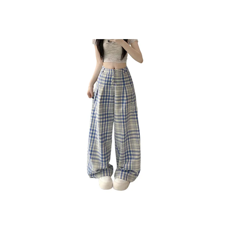 GOSO Casual Pants Women's Blue White Plaid-0