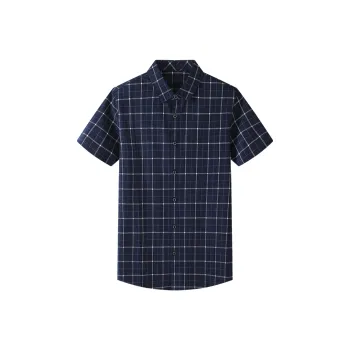 ARTSDON Shirts Men Navy Blue Plaid