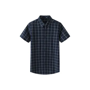 ARTSDON Shirts Men Navy Blue Plaid