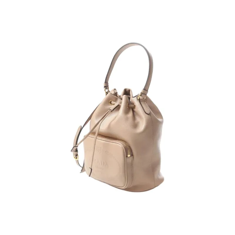 PRADA Leather Bucket Bag, One Shoulder Handbag Women's Beige-1