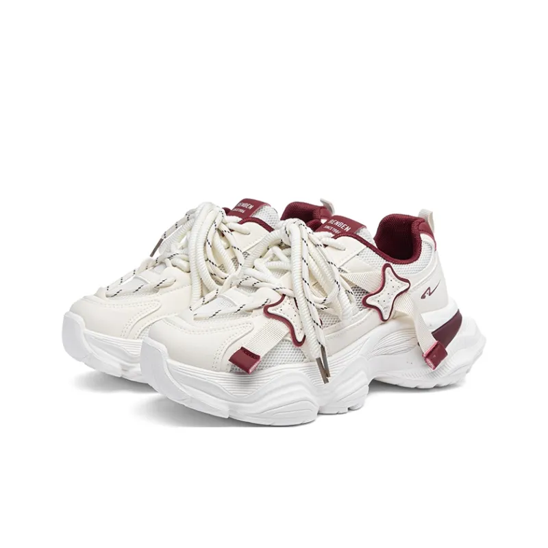 RENBEN Cushioning Abrasion Resistant Breathable Low Top Chunky Sneakers Women's Beige Red-1