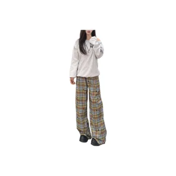 REXSHION Casual Pants Unisex Yellow Blue Plaid