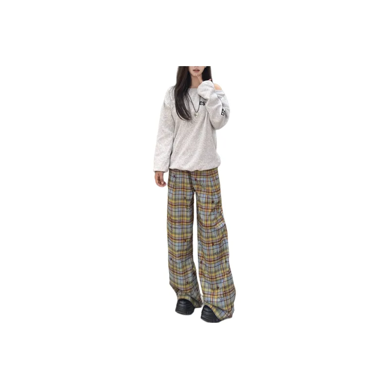REXSHION Casual Pants Unisex Yellow Blue Plaid-0