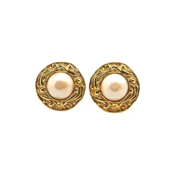 CHANEL 1970 1980 Plated Round Faux Pearl Clip On Earrings Costume Earrings