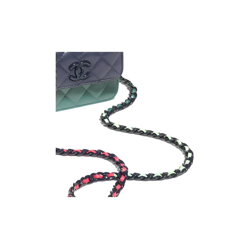 CHANEL Shiny Lambskin & Jacquard Metal One Shoulder Crossbody Clutch Women's Dark Blue & Dark Pink & Light Green-4