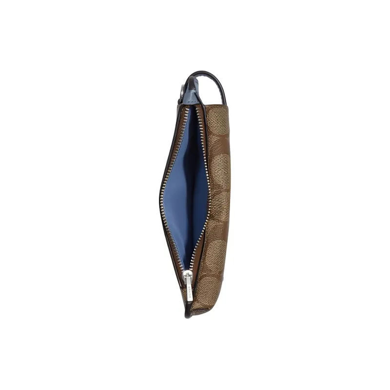 COACH N/S Canvas With Leather Cell Phone Pouch, Crossbody Bag, Shoulder Bag Mini Women's Khaki & Blue-2