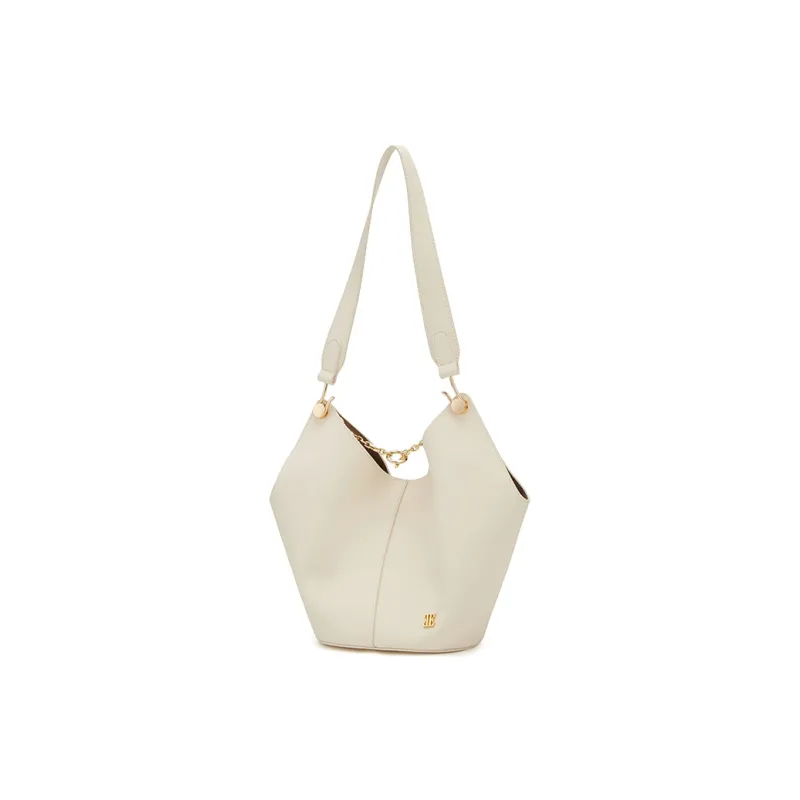ELLE Cow Leather Shoulder Bag Medium Size Women's White/Black-1