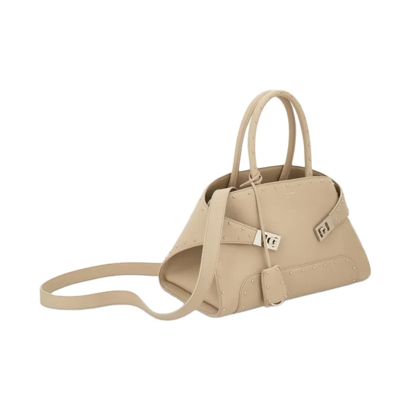 FERRAGAMO Hug Hammered Texture Calfskin Shoulder Bag, Crossbody Bag, Handbag Medium Size Women's Light Beige-1