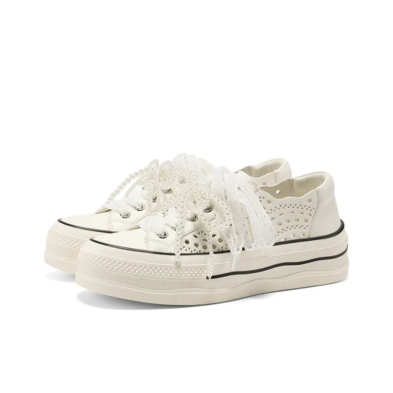 GG CC Abrasion Resistant Low Top Cut Out Beads Platform Skateboard Shoes Women's White-1