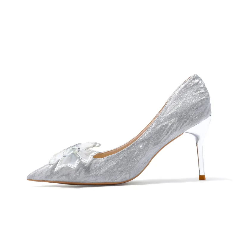 Take The Qin Slim Heel High Heels Women's Silver-5
