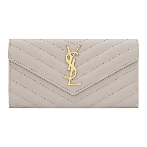 SAINT LAURENT Monogram Grained Embossed Quilted Leather Envelope Wallets Large Size Women's White