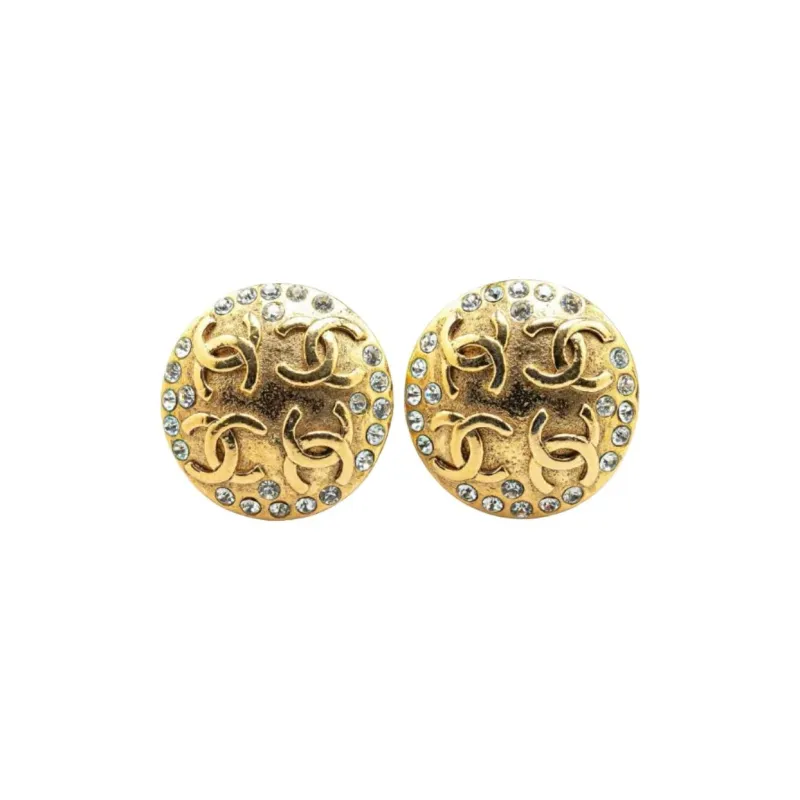 CHANEL 20th Century Plated Rhinestone Cc Clip On Earrings Costume Earrings-0
