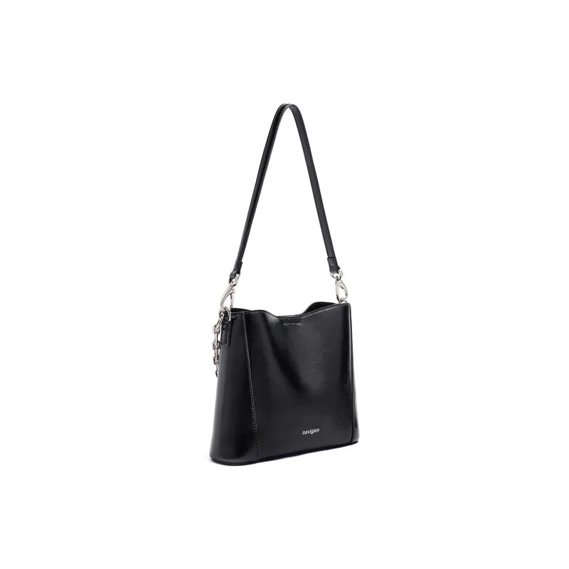 NAVIGARE Split Cow Leather Tote Bag, Shoulder Bag Women's Black/White-2