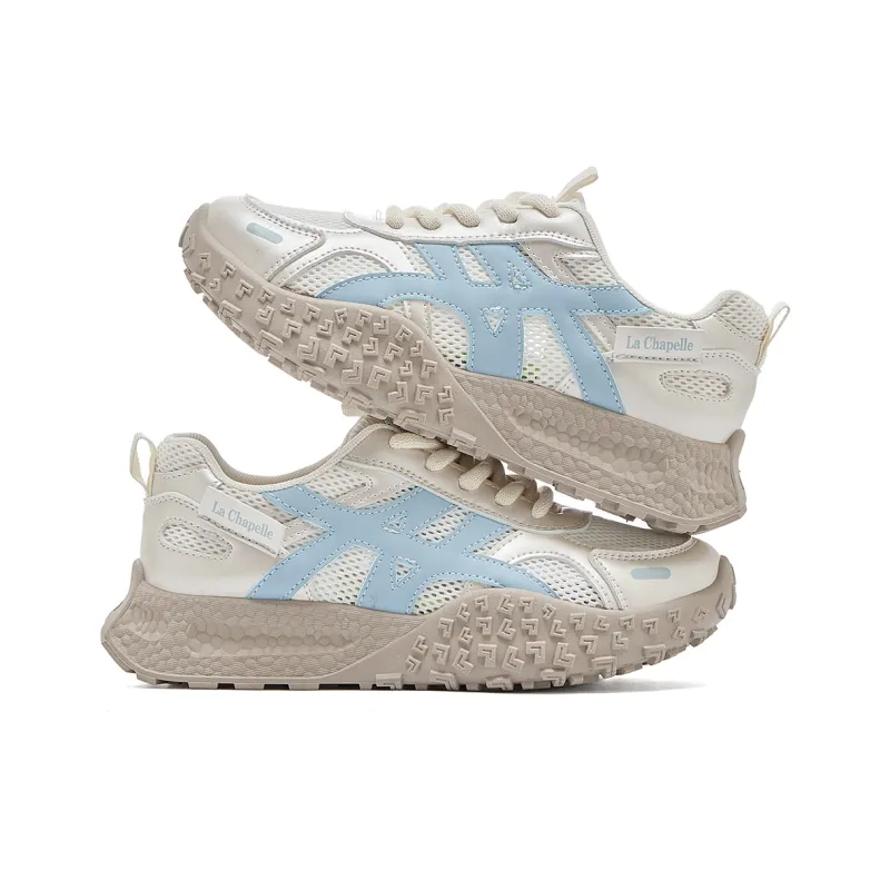 La Chapelle Anti Slip Wear Resistant Low Top Chunky Sneakers Women's Beige Blue-3