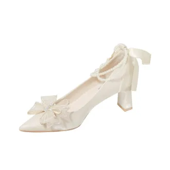 WUJI Chunky Heel High Heels Women's Ecru
