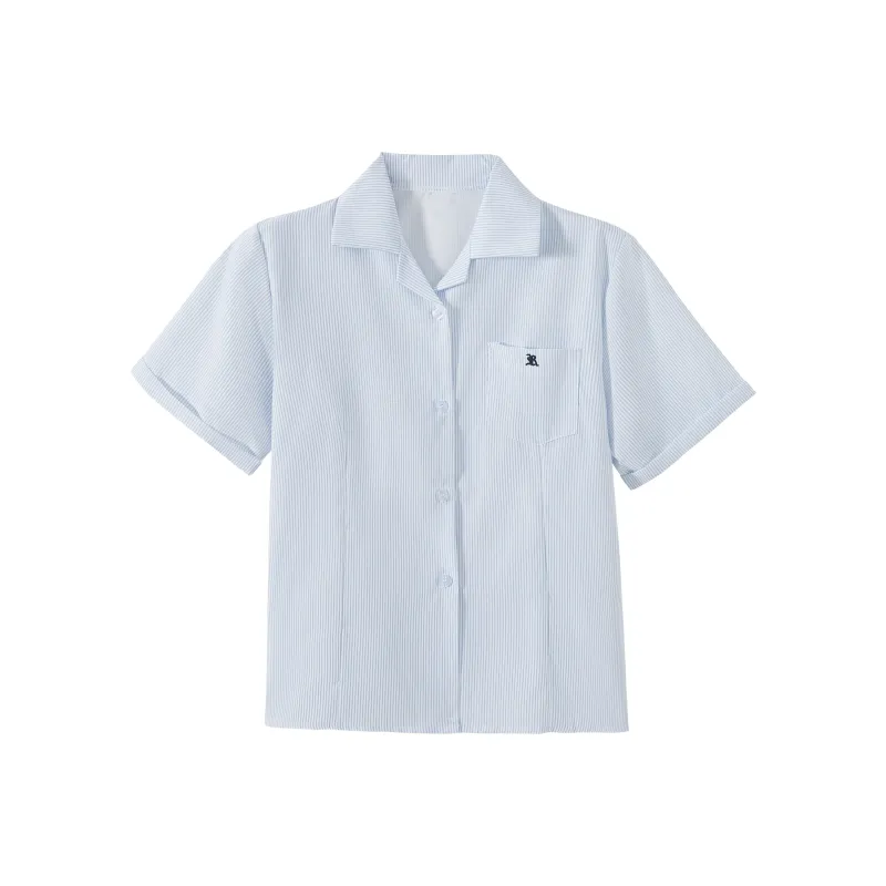 KAZAN Uniforms Women's Light Blue Three Piece Set Light Blue Stripes Embroidery Shirt+Dark Gray Pleated Skirt+Dark Gray Bow Tie-2