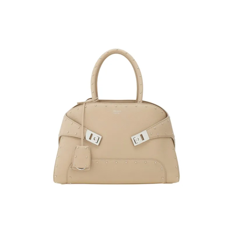FERRAGAMO Hug Hammered Texture Calfskin Shoulder Bag, Crossbody Bag, Handbag Medium Size Women's Light Beige-0