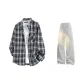 Dark Blue Plaid+White Heather Gray Pants