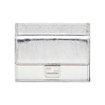 FENDI Baguette Lambskin Card Clip Card Holder Women's Silver
