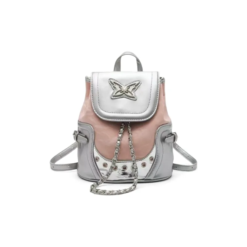 ALI THE FOX Synthetic Leather Backpack Regular Women's Silver Pink-0