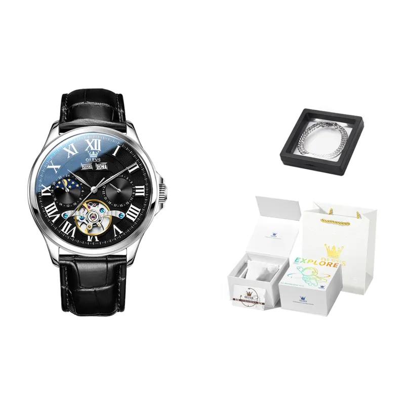 OLEVS Automatic Mechanical Movement Leather Strap Watch Men's Watches White Dial-6