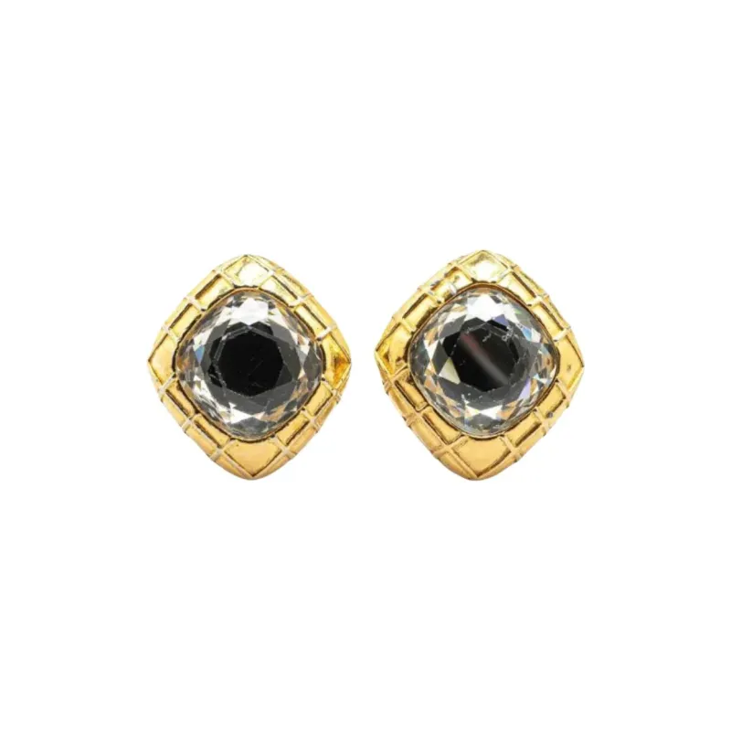CHANEL 1970 1980 Gold Plated Diamond Crystal Clip On Earrings Costume Earrings-0