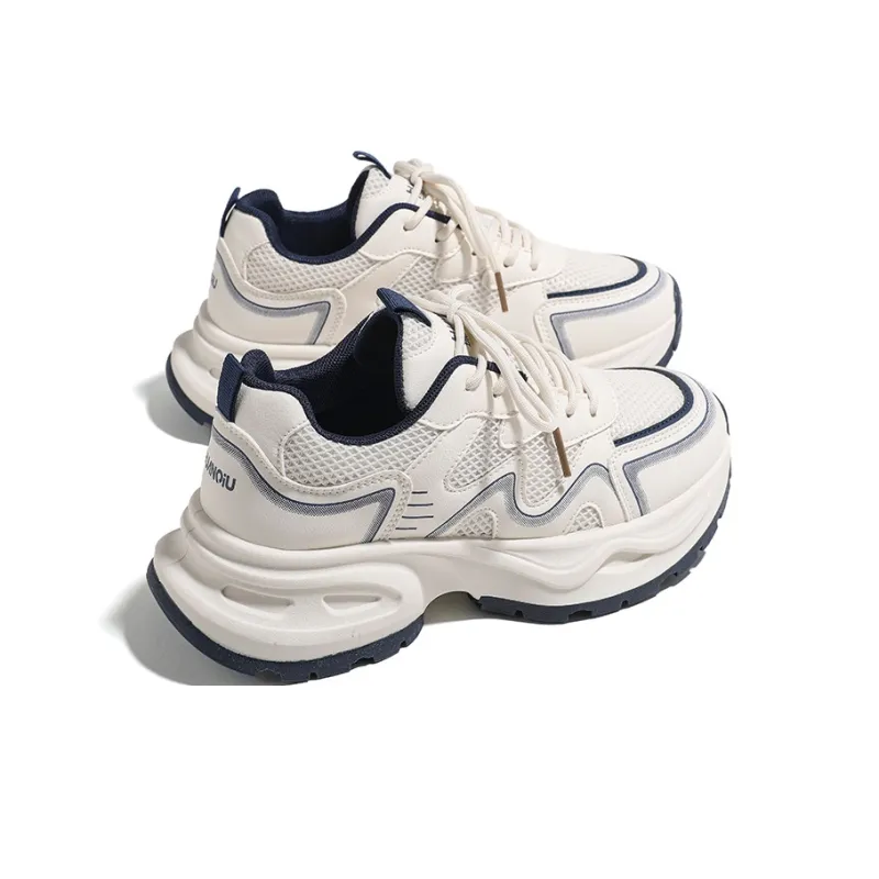 HUANQIU Slip Resistant And Breathable Low Top Chunky Sneakers Women's Beige Blue-1