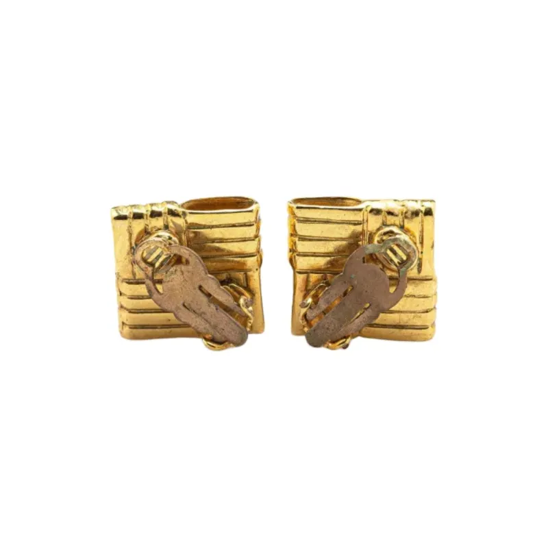 CHANEL 1996 Plated Cc Square Clip On Earrings Costume Earrings-1