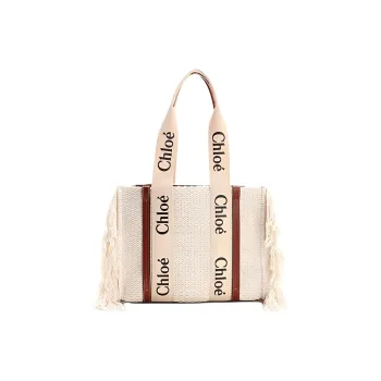 Chloe Woody Knitted Fabric, Recycled Cotton, Calfskin Trim Tote Bag, Shopping Bag, Shoulder Bag Women's Brown