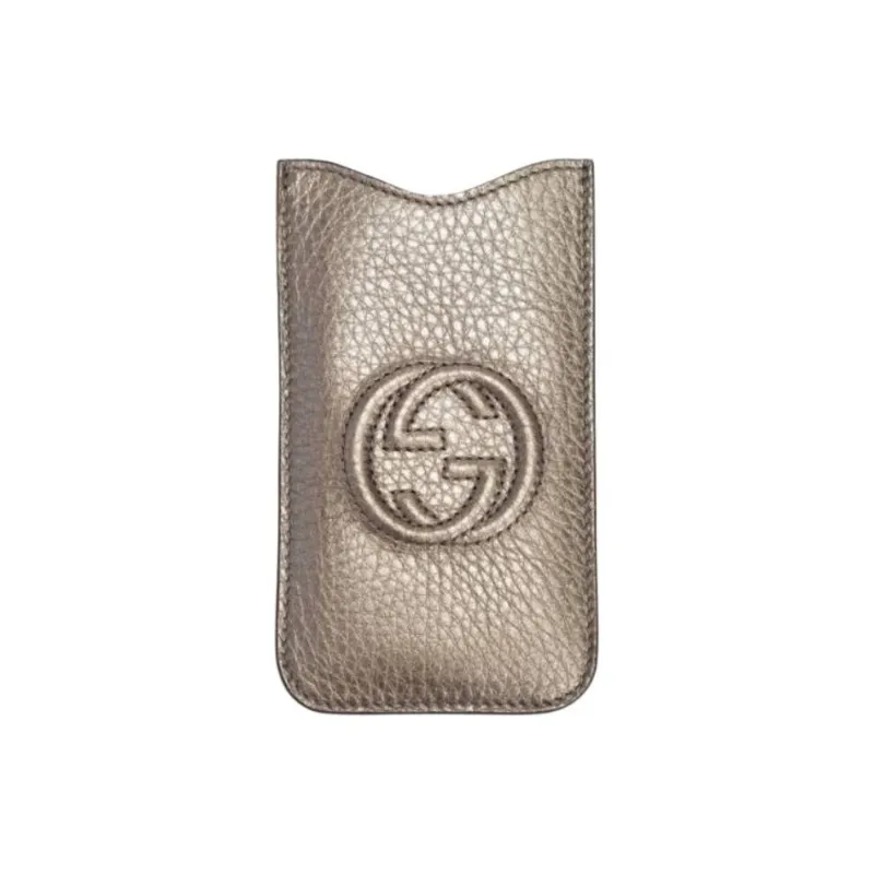 GUCCI Leather Card Holder Unisex Gray Gold-0