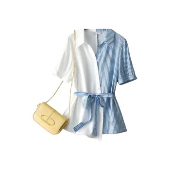 IHIMI Shirt Women's White & Blue Stripes Pattern