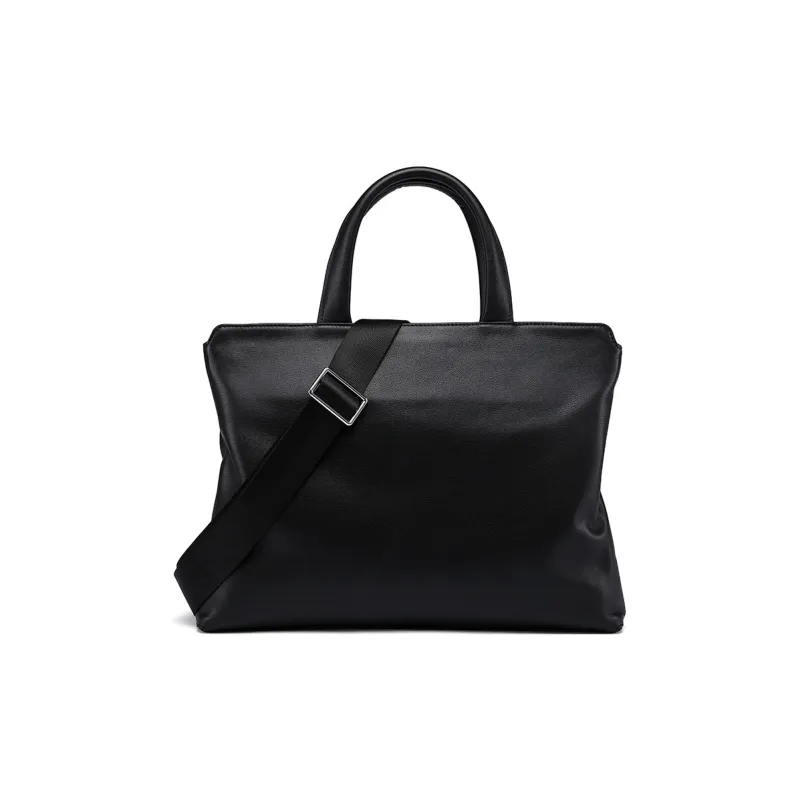 PESASRIE Top Grain Cow Leather Portable Briefcase Men's Black-4