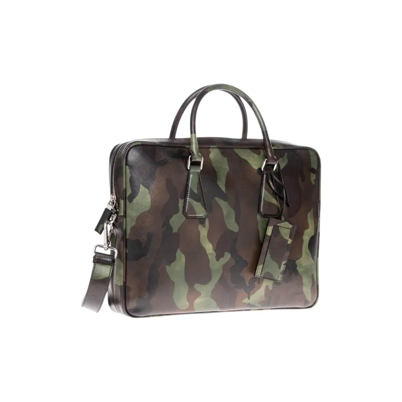 PRADA Saffiano Cross Grain Leather Briefcase Men's Green-1