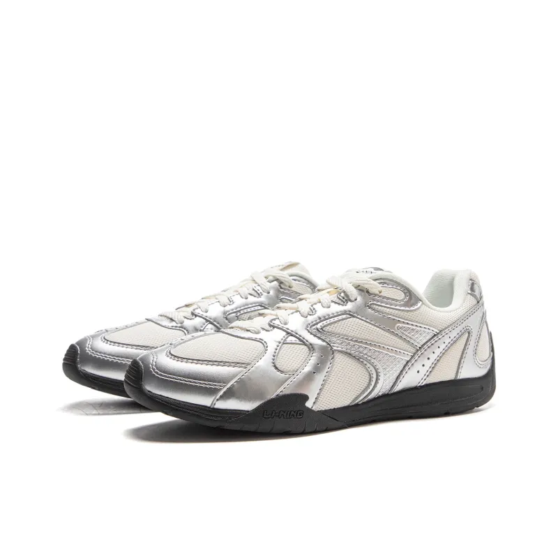 LiNing Film Retro Slip Resistant, Abrasion Resistant, Lightweight Low Top Casual Shoes Women's Silver White-2