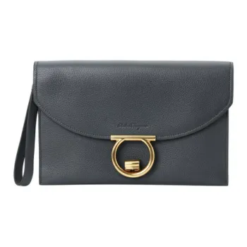 FERRAGAMO GANCINI Cow Leather Clutch Women's Black Gray