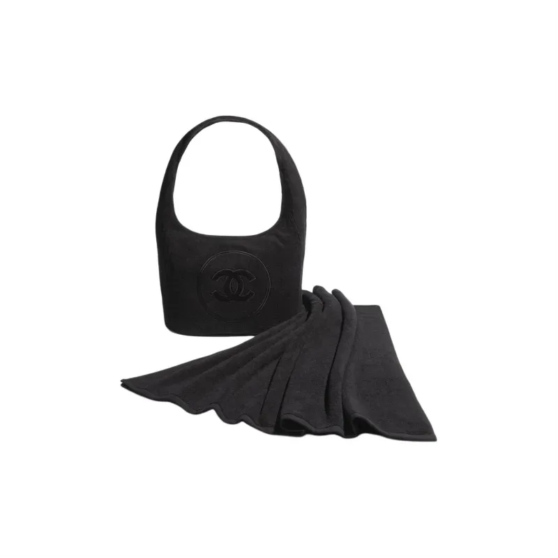 CHANEL Coco Cotton Beach Bag, Handbag, Shoulder Bag Unisex Black-1