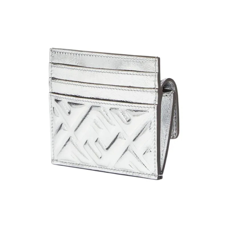 FENDI Baguette Lambskin Card Clip Card Holder Women's Silver-1