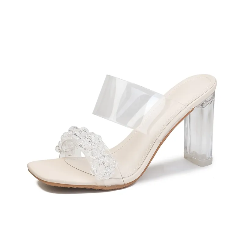 TATAYA Rubber Sole Rhinestone Abrasion Resistant Slide Slippers Women's Ecru-4