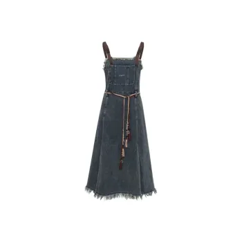 GUOZHEN Slip Dresses Women's Blue With Waist Strap