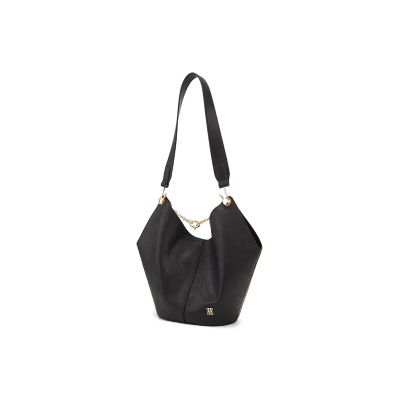 ELLE Cow Leather Shoulder Bag Medium Size Women's White/Black-6