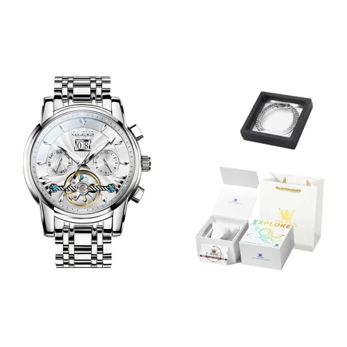 OLEVS Automatic Mechanical Movement Stainless Steel Watchband Watch Men's Watches White Dial