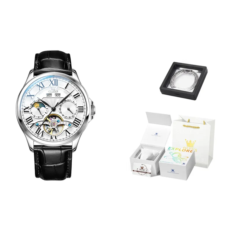 OLEVS Automatic Mechanical Movement Leather Strap Watch Men's Watches White Dial-0