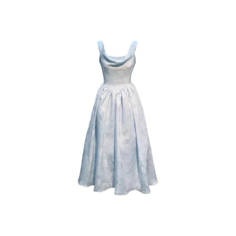 TASTILY Slip Dresses Women's Blue Jacquard Long Skirt-0