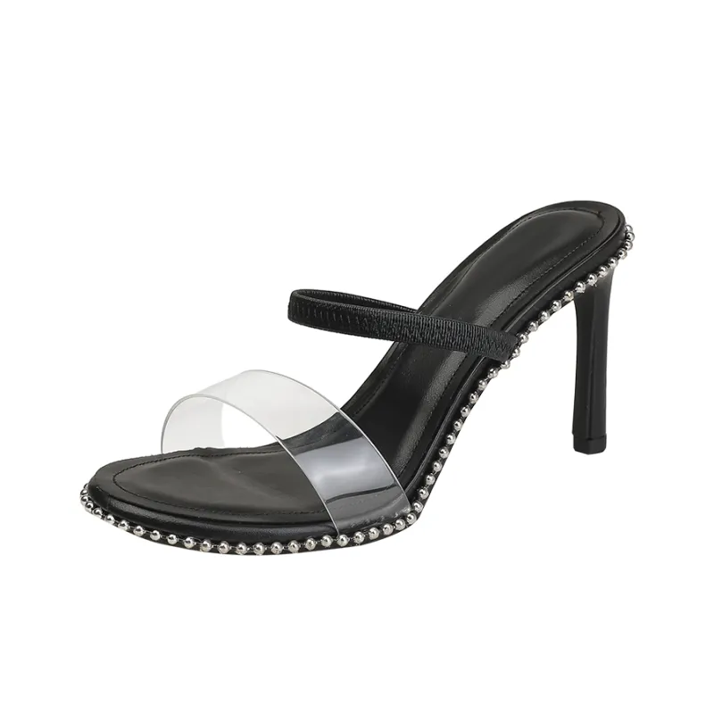 TATAYA Rubber Sole Rhinestone Slide Slippers Women's Black-5