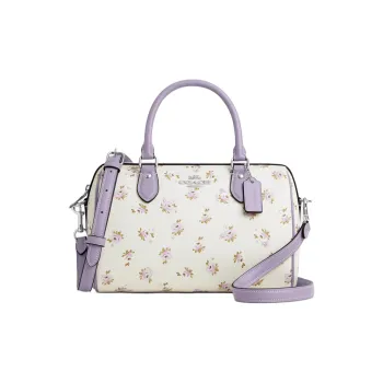 COACH Rowan Coated Canvas Boston Bag, Shoulder Bag, Crossbody Bag, Handbag Medium Size Women's Silver & Chalk